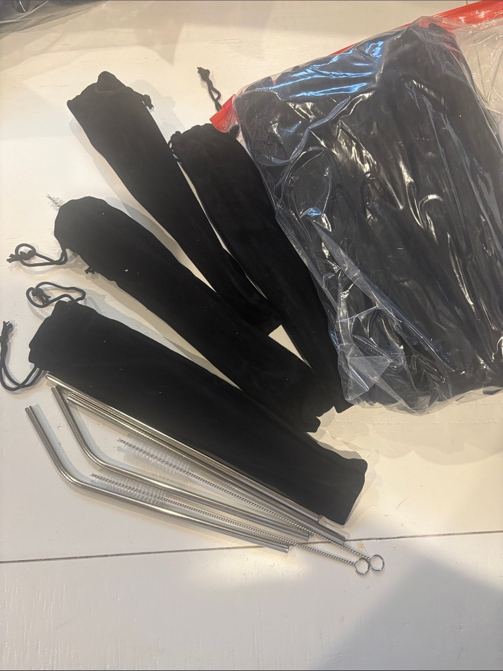 12 Reusable Stainless Steel Straw Set with Cleaning Brushes and Velvet Pouches - Picture 1 of 3